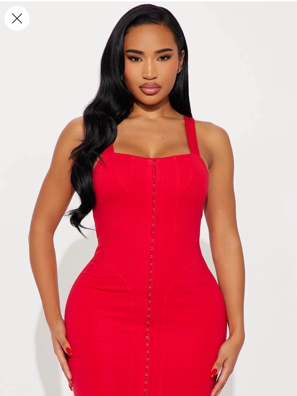 Fashion Nova Red Strapless Bodycon Dress with Front Hook Detail
